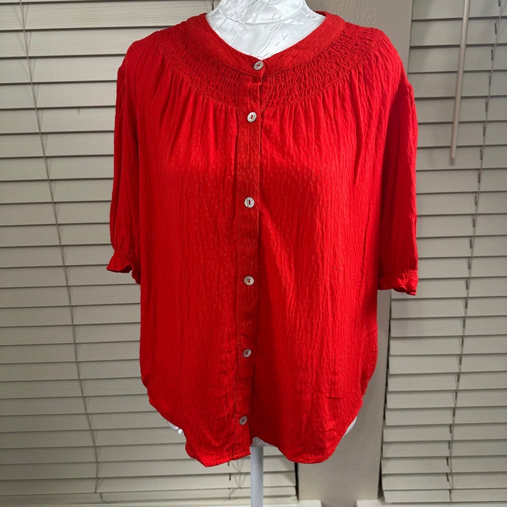 Draper James RSVP Blouse Womens XL Red Smocked Clip Dot Button Front Puff Sleeve